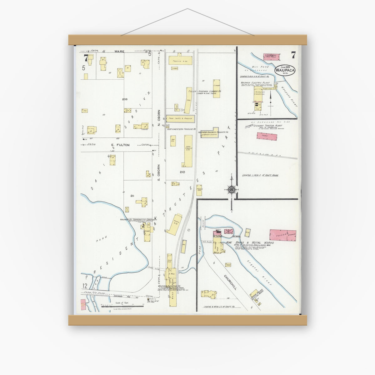 Old map wall art mockup — magnetic wood frame on white wall — Sanborn Fire Insurance Map from Waupaca, Waupaca County, Wisconsin (1924), Sheet #0007