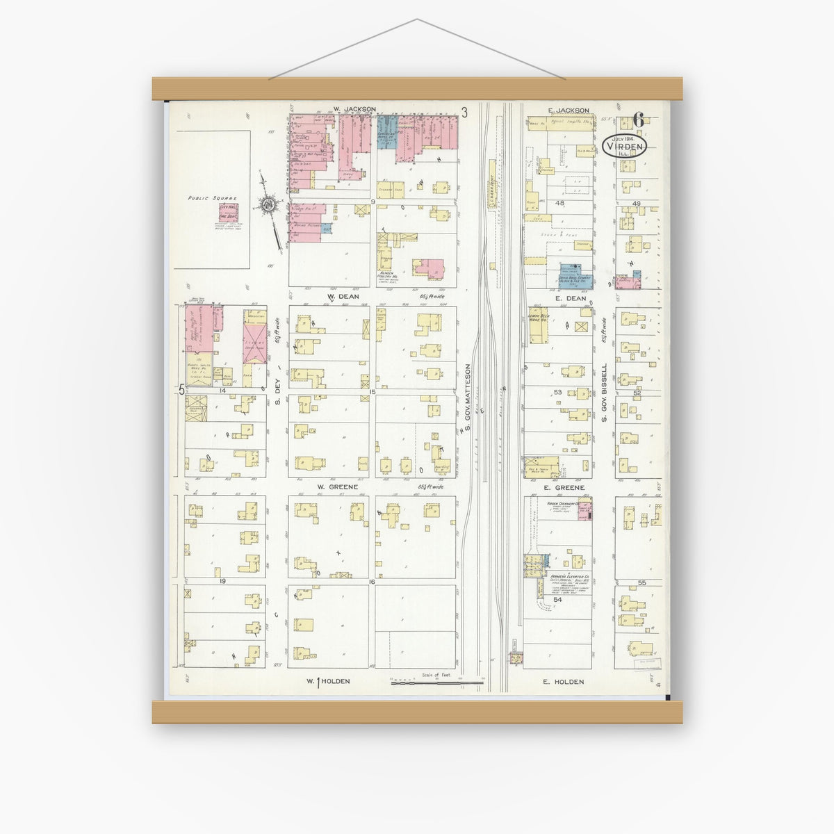Old map wall art mockup — magnetic wood frame on white wall — Sanborn Fire Insurance Map from Virden, Macoupin County, Illinois (1914), Sheet #0006