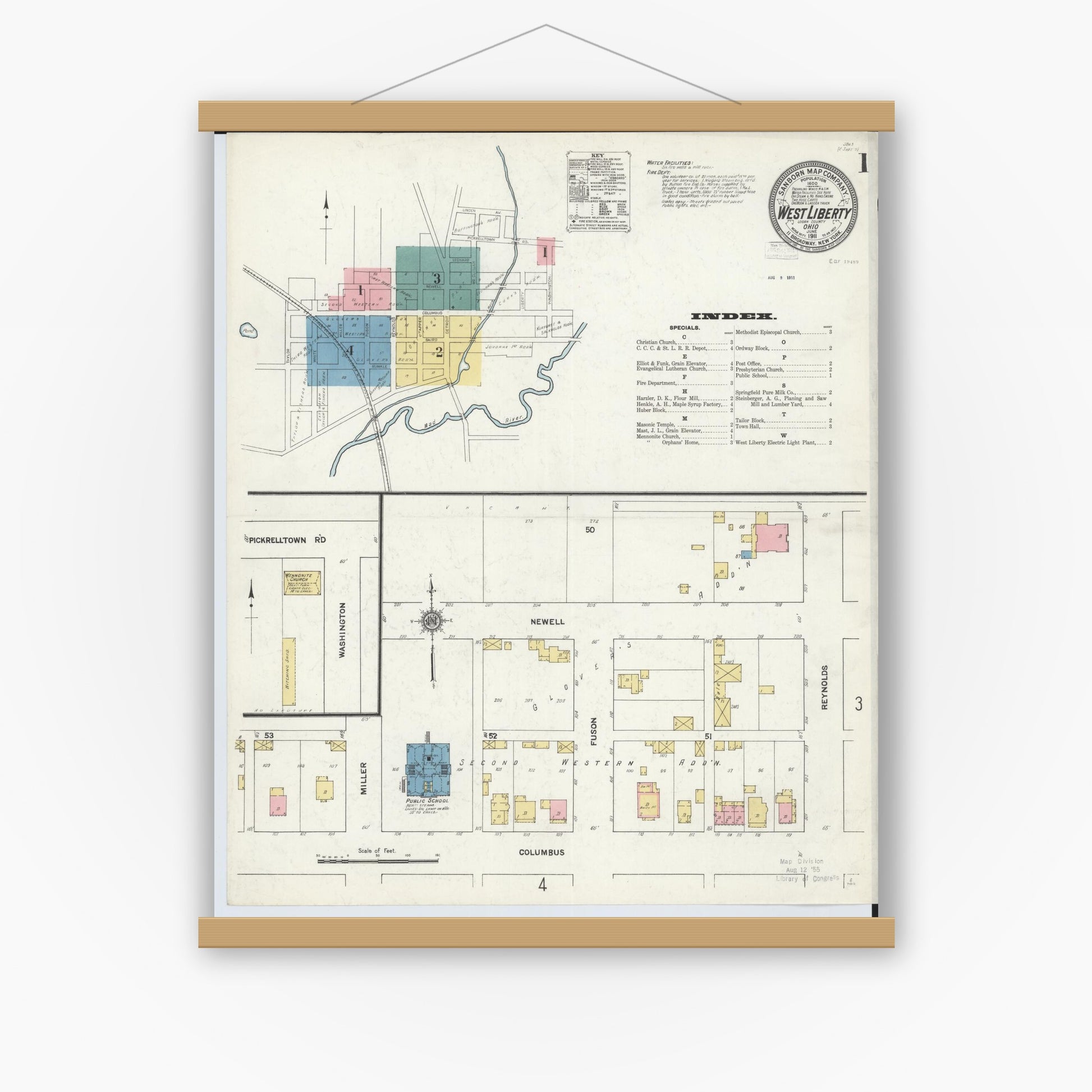 Old map wall art mockup — magnetic wood frame on white wall — Sanborn Fire Insurance Map from West Liberty, Logan County, Ohio (1911) - Complete Map Set