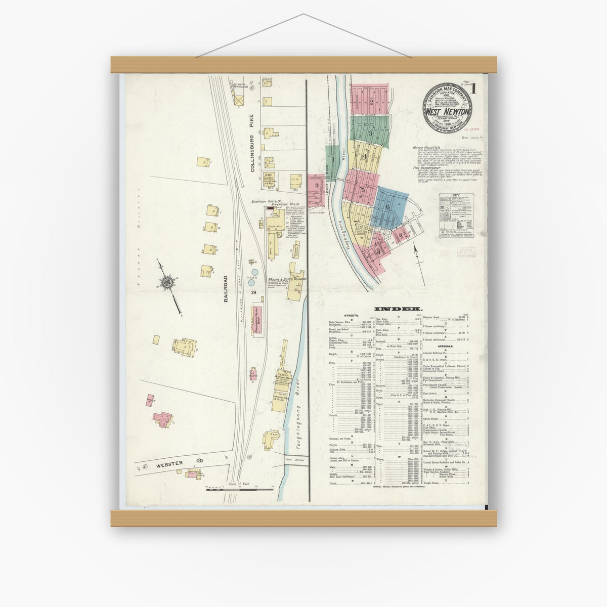 Old map wall art mockup — magnetic wood frame on white wall — Sanborn Fire Insurance Map from West Newton, Westmoreland County, Pennsylvania (1910), Sheet #0001