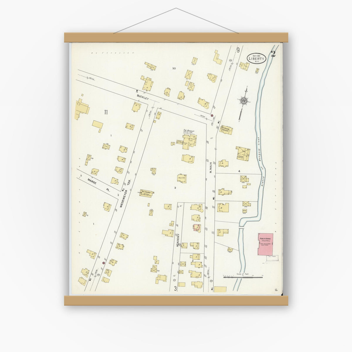 Old map wall art mockup — magnetic wood frame on white wall — Sanborn Fire Insurance Map from Liberty, Sullivan County, New York (1911), Sheet #0002