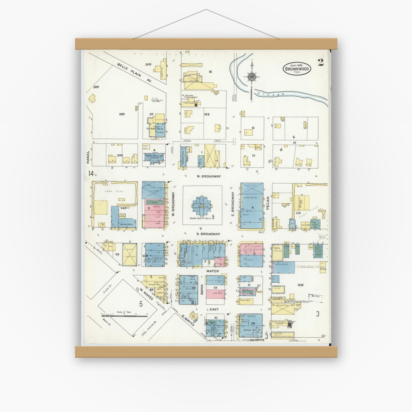Old map wall art mockup — magnetic wood frame on white wall — Sanborn Fire Insurance Map from Brownwood, Brown County, Texas (1909), Sheet #0002