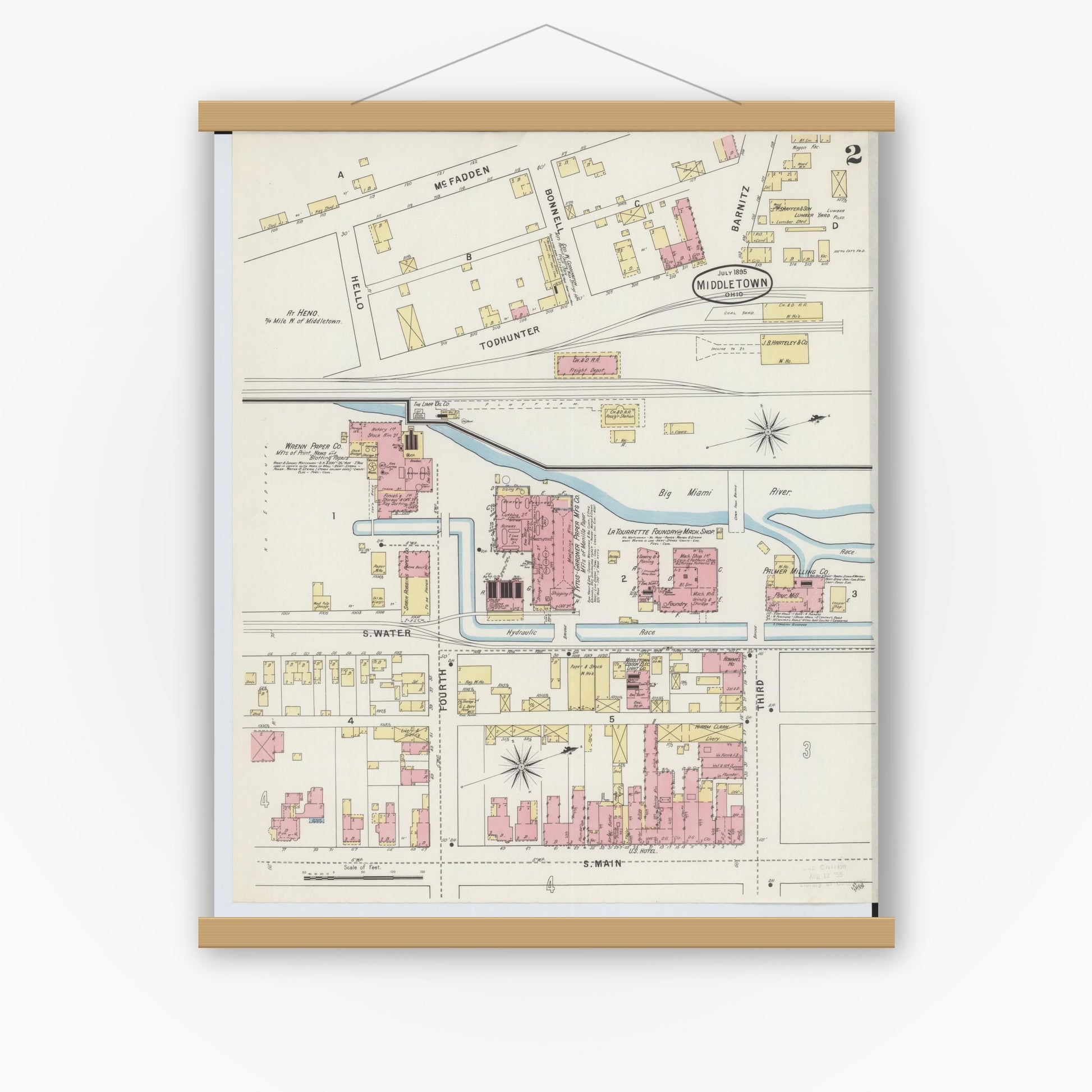 Old map wall art mockup — magnetic wood frame on white wall — Sanborn Fire Insurance Map from Middletown, Butler County, Ohio (1895), Sheet #0002