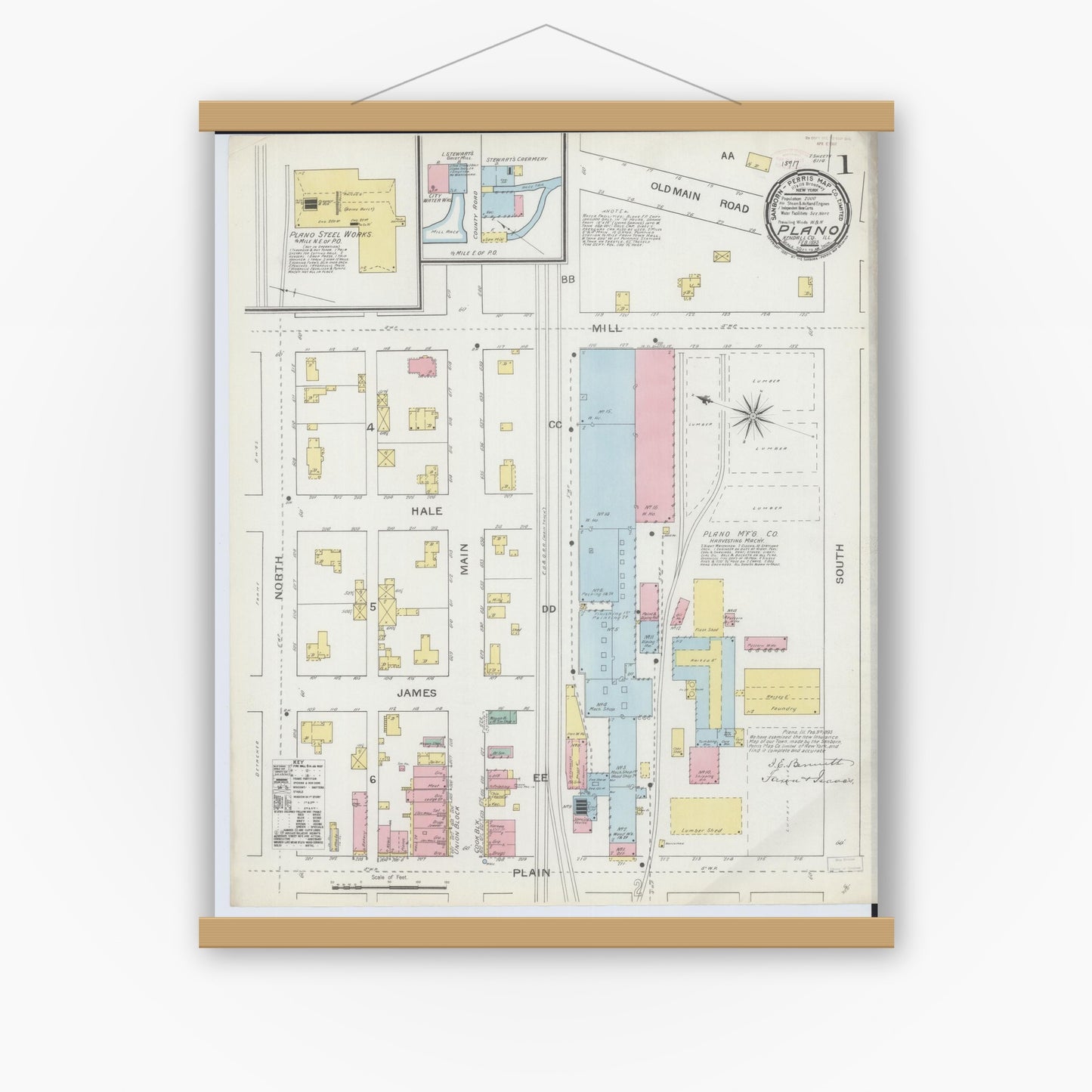 Old map wall art mockup — magnetic wood frame on white wall — Sanborn Fire Insurance Map from Plano, Kendall County, Illinois (1893) - Complete Map Set
