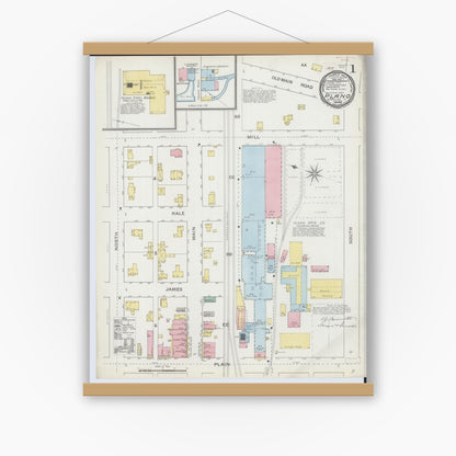 Old map wall art mockup — magnetic wood frame on white wall — Sanborn Fire Insurance Map from Plano, Kendall County, Illinois (1893) - Complete Map Set