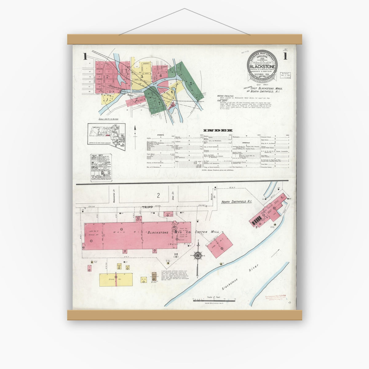 Old map wall art mockup — magnetic wood frame on white wall — Sanborn Fire Insurance Map from Blackstone, Worcester County, Massachusetts (1923) - Complete Map Set