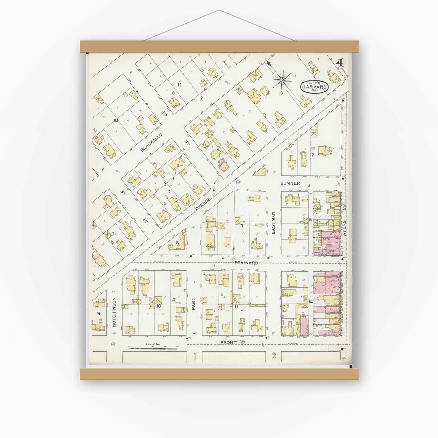 Old map wall art mockup — magnetic wood frame on white wall — Sanborn Fire Insurance Map from Harvard, McHenry County, Illinois (1892), Sheet #0004