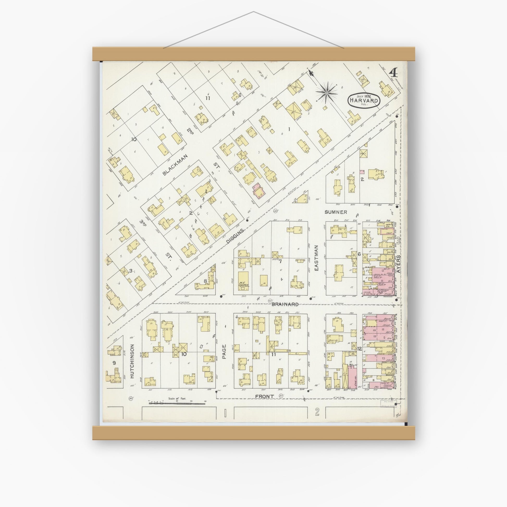 Old map wall art mockup — magnetic wood frame on white wall — Sanborn Fire Insurance Map from Harvard, McHenry County, Illinois (1892), Sheet #0004