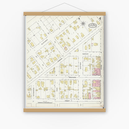 Old map wall art mockup — magnetic wood frame on white wall — Sanborn Fire Insurance Map from Harvard, McHenry County, Illinois (1892), Sheet #0004