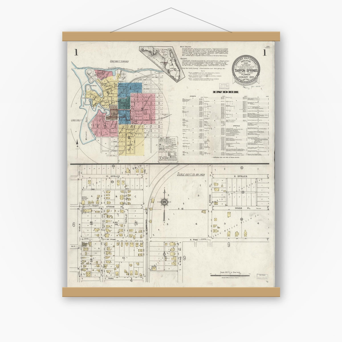 Old map wall art mockup — magnetic wood frame on white wall — Sanborn Fire Insurance Map from Tarpon Springs, Pinellas County, Florida (1926) - Complete Map Set