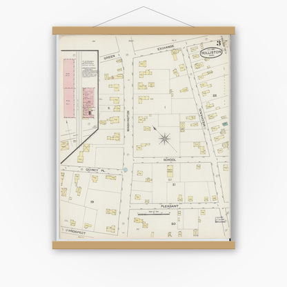 Old map wall art mockup — magnetic wood frame on white wall — Sanborn Fire Insurance Map from Holliston, Middlesex County, Massachusetts (1888), Sheet #0003