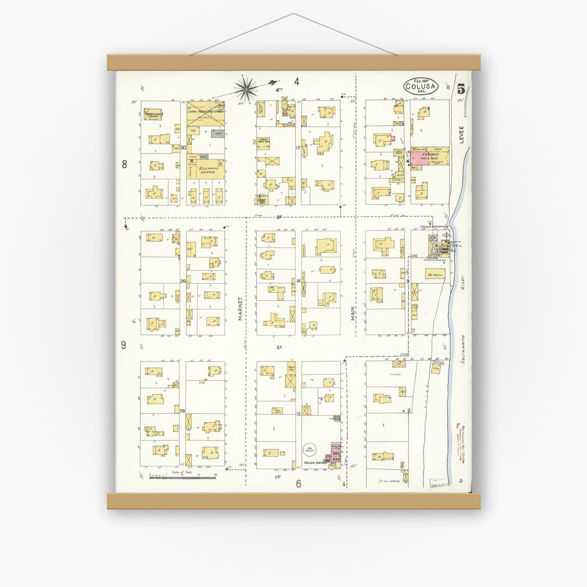 Old map wall art mockup — magnetic wood frame on white wall — Sanborn Fire Insurance Map from Colusa, Colusa County, California (1907), Sheet #0005