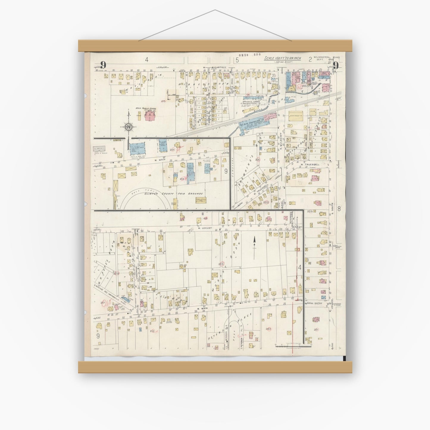 Old map wall art mockup — magnetic wood frame on white wall — Sanborn Fire Insurance Map from Wilmington, Clinton County, Ohio (1949), Sheet #0009
