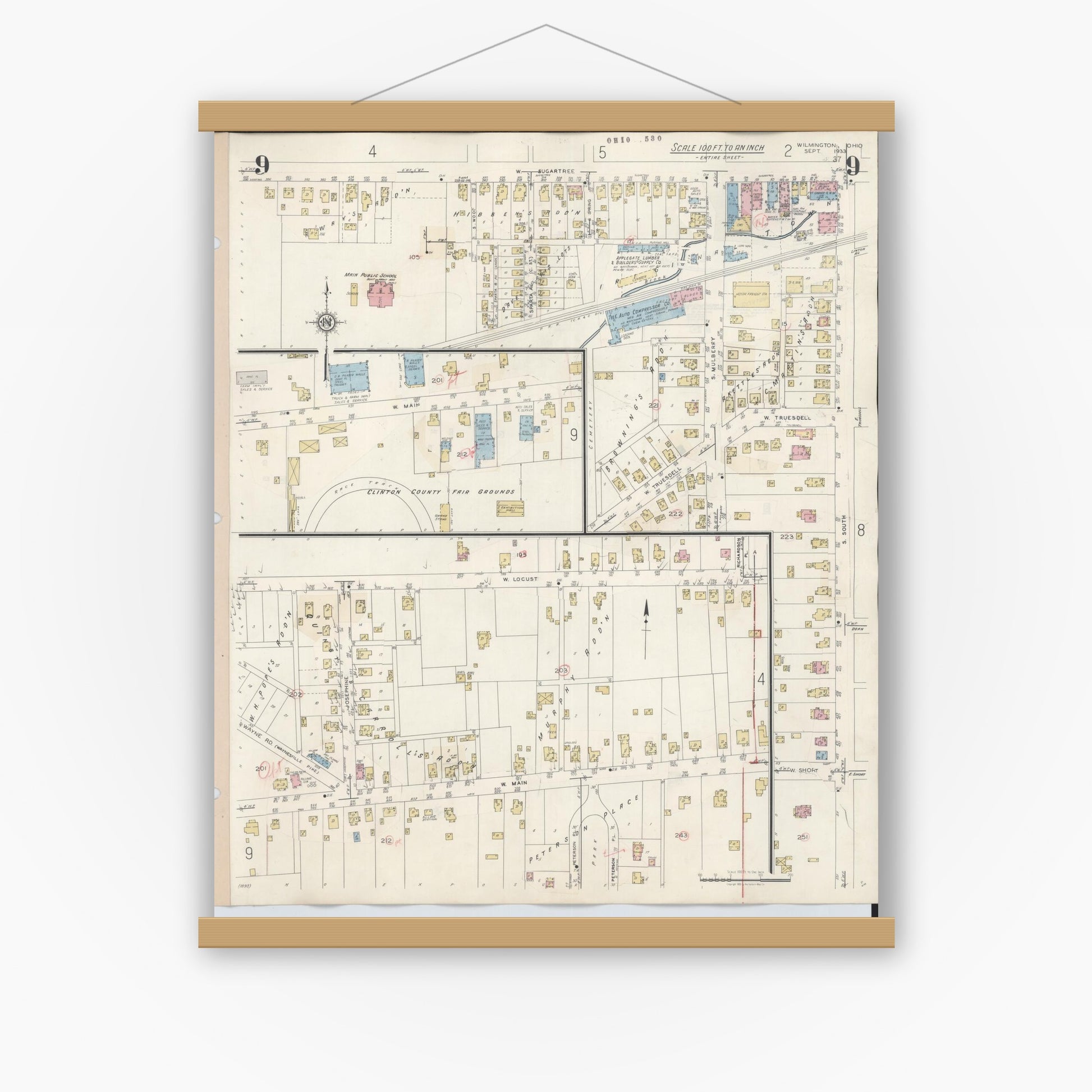 Old map wall art mockup — magnetic wood frame on white wall — Sanborn Fire Insurance Map from Wilmington, Clinton County, Ohio (1949), Sheet #0009