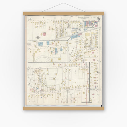 Old map wall art mockup — magnetic wood frame on white wall — Sanborn Fire Insurance Map from Wilmington, Clinton County, Ohio (1949), Sheet #0009