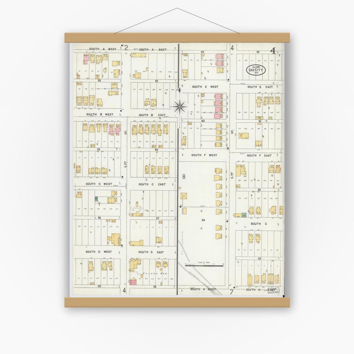 Old map wall art mockup — magnetic wood frame on white wall — Sanborn Fire Insurance Map from Gas City, Grant County, Indiana (1898), Sheet #0004