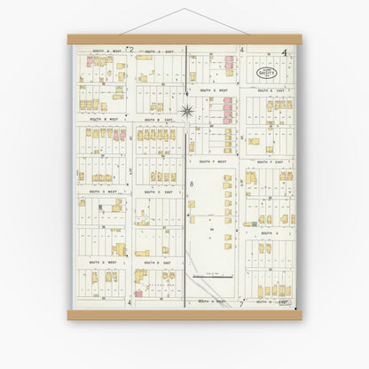 Old map wall art mockup — magnetic wood frame on white wall — Sanborn Fire Insurance Map from Gas City, Grant County, Indiana (1898), Sheet #0004