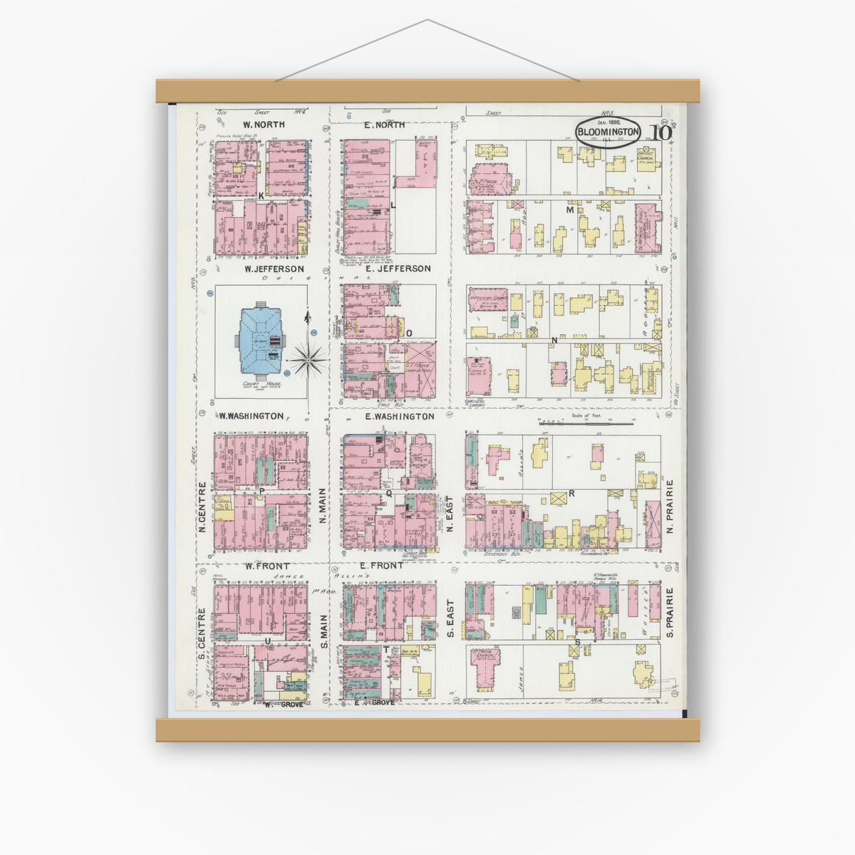 Old map wall art mockup — magnetic wood frame on white wall — Sanborn Fire Insurance Map from Bloomington, McLean County, Illinois (1892), Sheet #0010