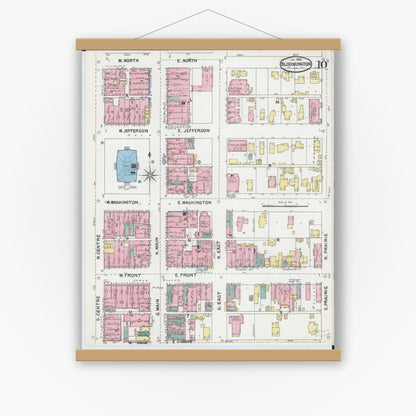 Old map wall art mockup — magnetic wood frame on white wall — Sanborn Fire Insurance Map from Bloomington, McLean County, Illinois (1892), Sheet #0010