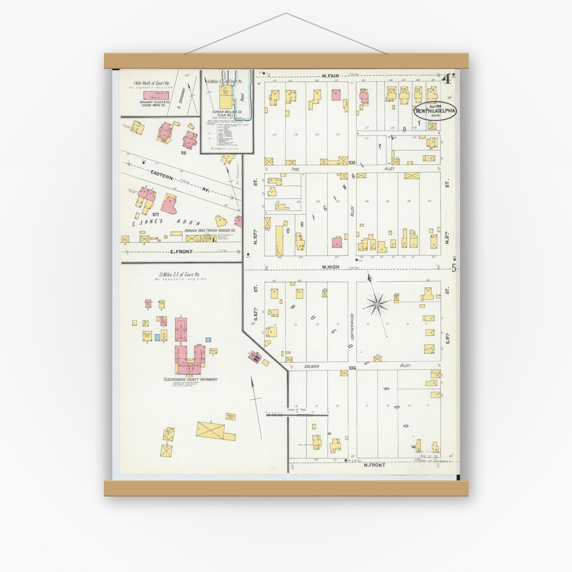 Old map wall art mockup — magnetic wood frame on white wall — Sanborn Fire Insurance Map from New Philadelphia, Tuscarawas County, Ohio (1901), Sheet #0004