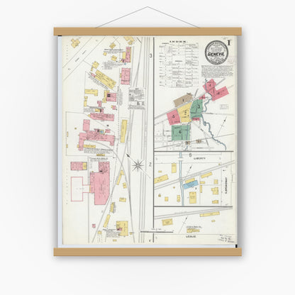 Old map wall art mockup — magnetic wood frame on white wall — Sanborn Fire Insurance Map from Geneva, Ashtabula County, Ohio (1904), Sheet #0001