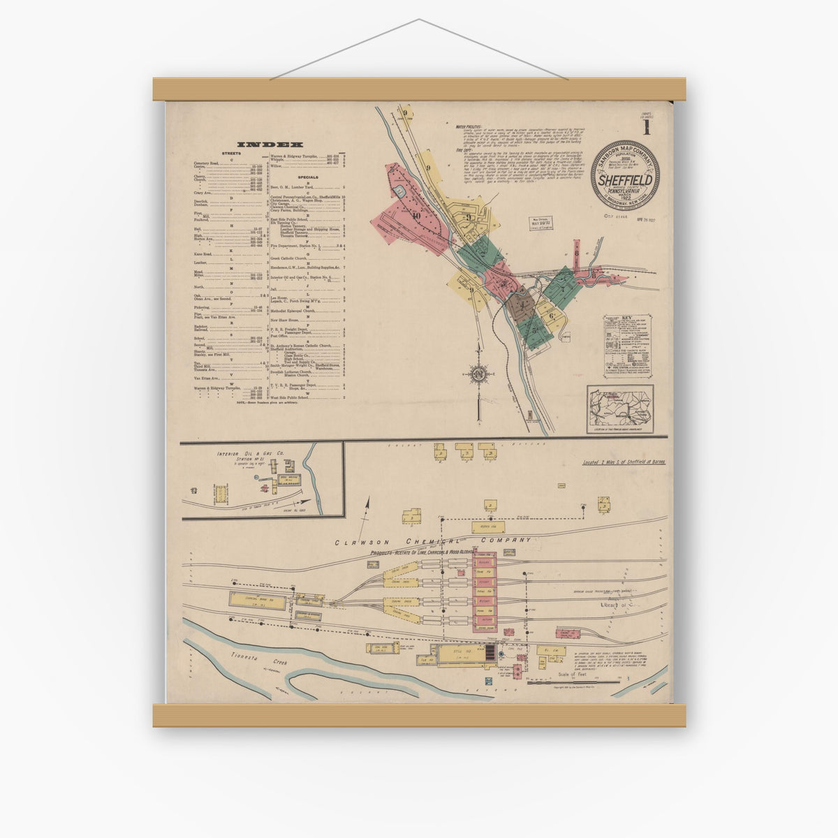 Old map wall art mockup — magnetic wood frame on white wall — Sanborn Fire Insurance Map from Sheffield, Warren County, Pennsylvania (1922), Sheet #0001