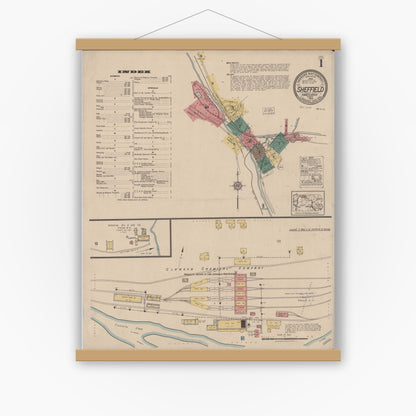 Old map wall art mockup — magnetic wood frame on white wall — Sanborn Fire Insurance Map from Sheffield, Warren County, Pennsylvania (1922), Sheet #0001