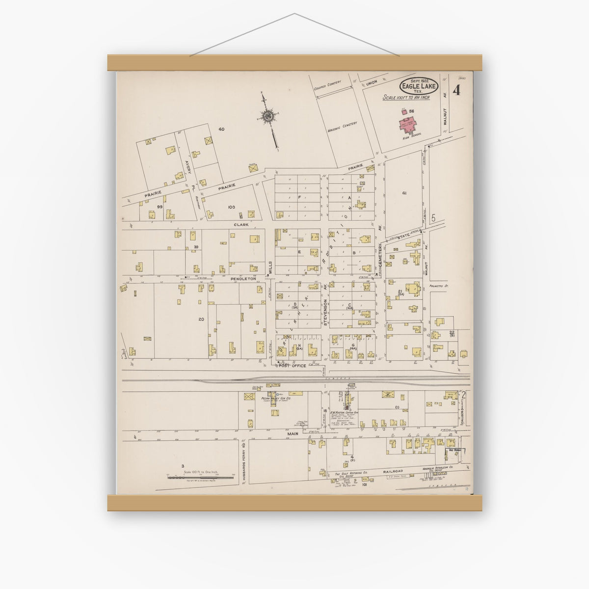 Old map wall art mockup — magnetic wood frame on white wall — Sanborn Fire Insurance Map from Eagle Lake, Colorado County, Texas (1922), Sheet #0004