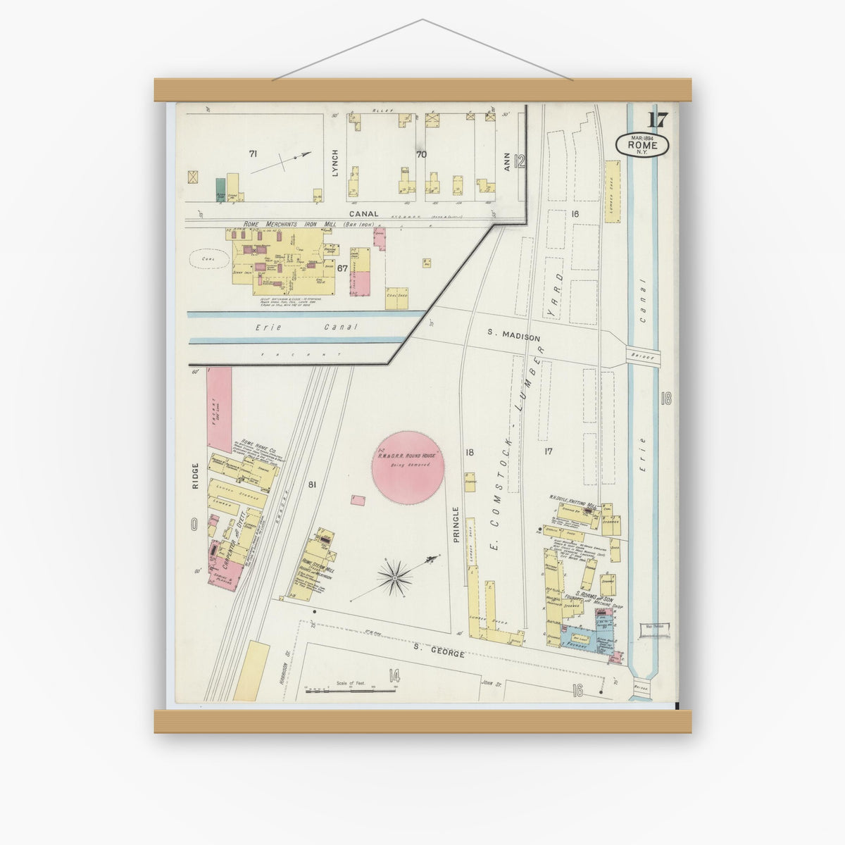 Old map wall art mockup — magnetic wood frame on white wall — Sanborn Fire Insurance Map from Rome, Oneida County, New York (1894), Sheet #0017