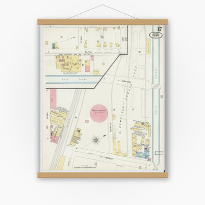 Old map wall art mockup — magnetic wood frame on white wall — Sanborn Fire Insurance Map from Rome, Oneida County, New York (1894), Sheet #0017