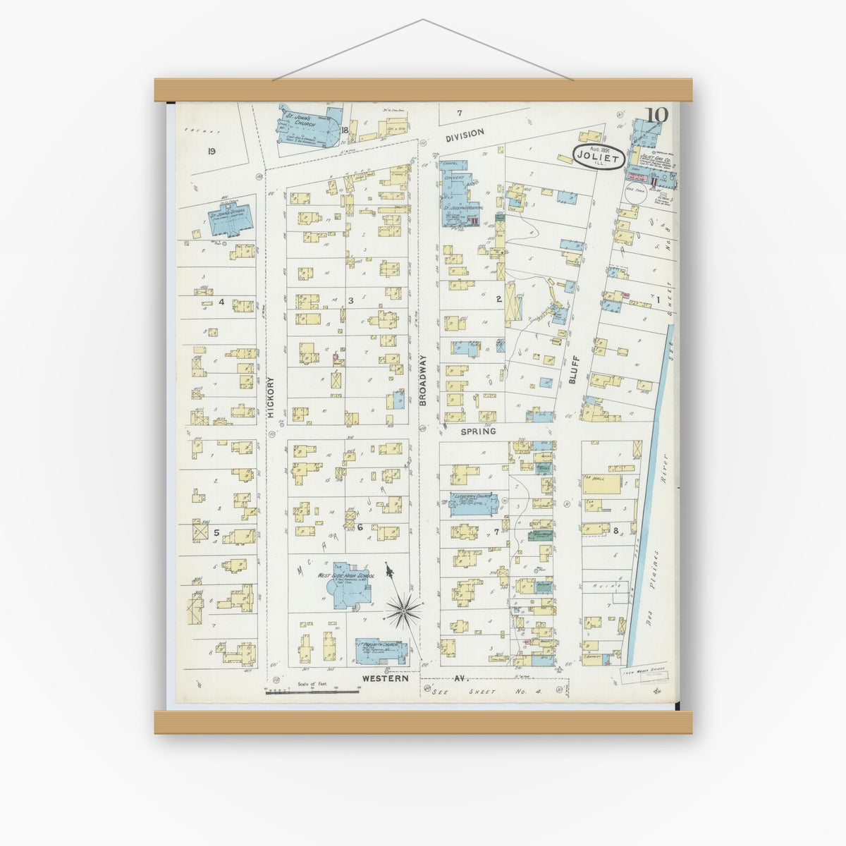 Old map wall art mockup — magnetic wood frame on white wall — Sanborn Fire Insurance Map from Joliet, Will County, Illinois (1891), Sheet #0010