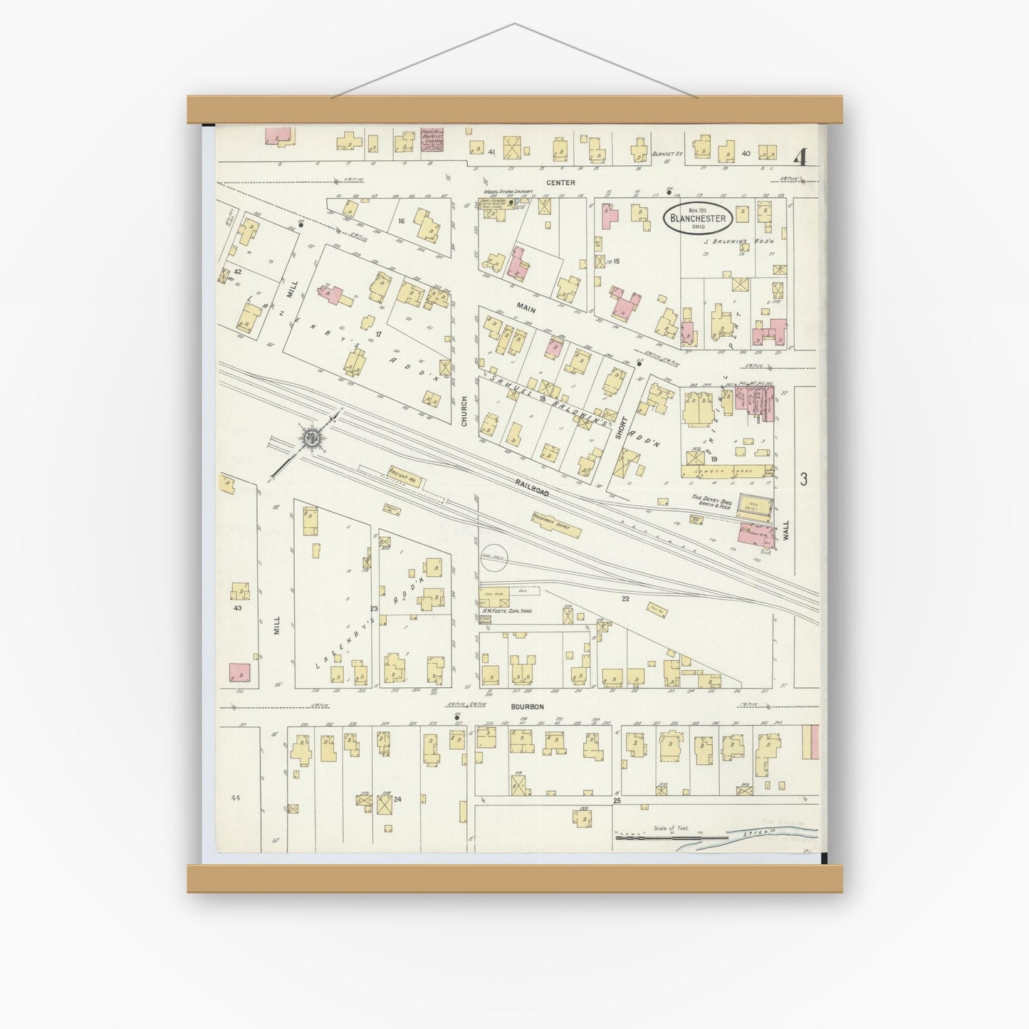 Old map wall art mockup — magnetic wood frame on white wall — Sanborn Fire Insurance Map from Blanchester, Clinton County, Ohio (1911), Sheet #0004