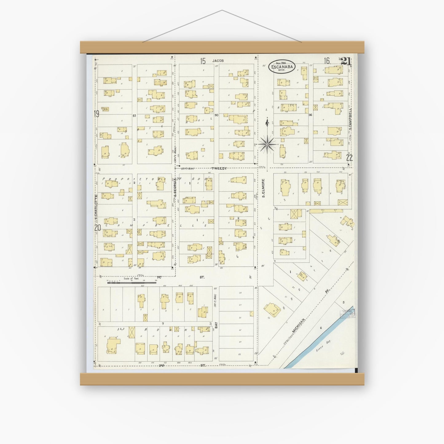 Old map wall art mockup — magnetic wood frame on white wall — Sanborn Fire Insurance Map from Escanaba, Delta County, Michigan (1906), Sheet #0021