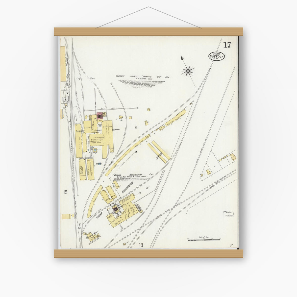 Old map wall art mockup — magnetic wood frame on white wall — Sanborn Fire Insurance Map from Suffolk, Independent Cities, Virginia (1898), Sheet #0017
