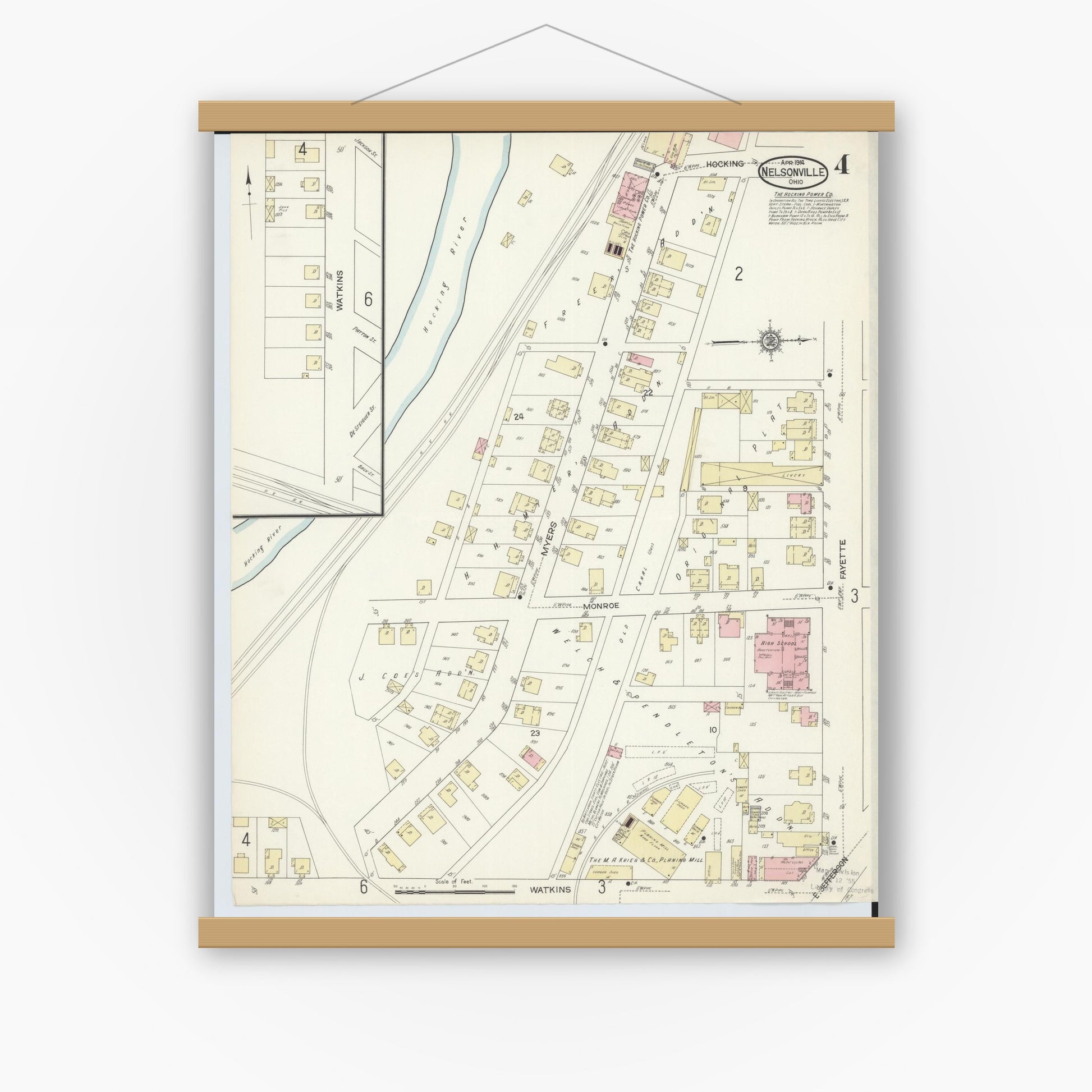 Old map wall art mockup — magnetic wood frame on white wall — Sanborn Fire Insurance Map from Nelsonville, Athens County, Ohio (1914), Sheet #0004