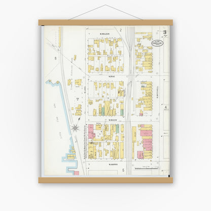 Old map wall art mockup — magnetic wood frame on white wall — Sanborn Fire Insurance Map from Cadillac, Wexford County, Michigan (1900), Sheet #0003