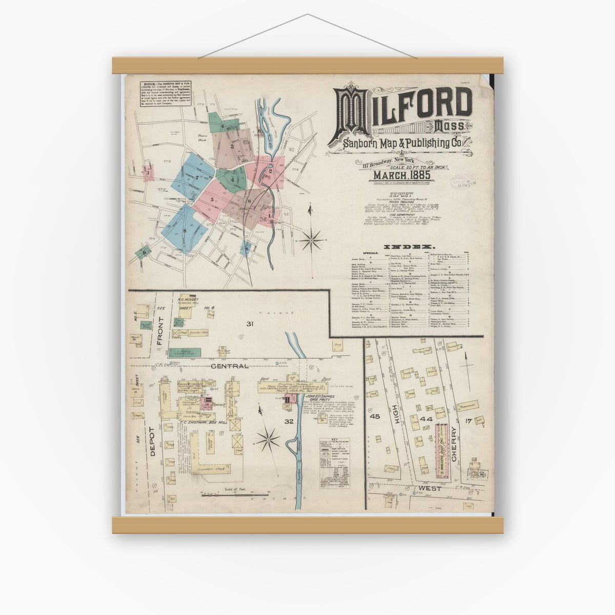 Old map wall art mockup — magnetic wood frame on white wall — Sanborn Fire Insurance Map from Milford, Worcester County, Massachusetts (1885) - Complete Map Set