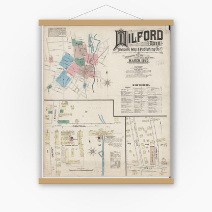 Old map wall art mockup — magnetic wood frame on white wall — Sanborn Fire Insurance Map from Milford, Worcester County, Massachusetts (1885) - Complete Map Set