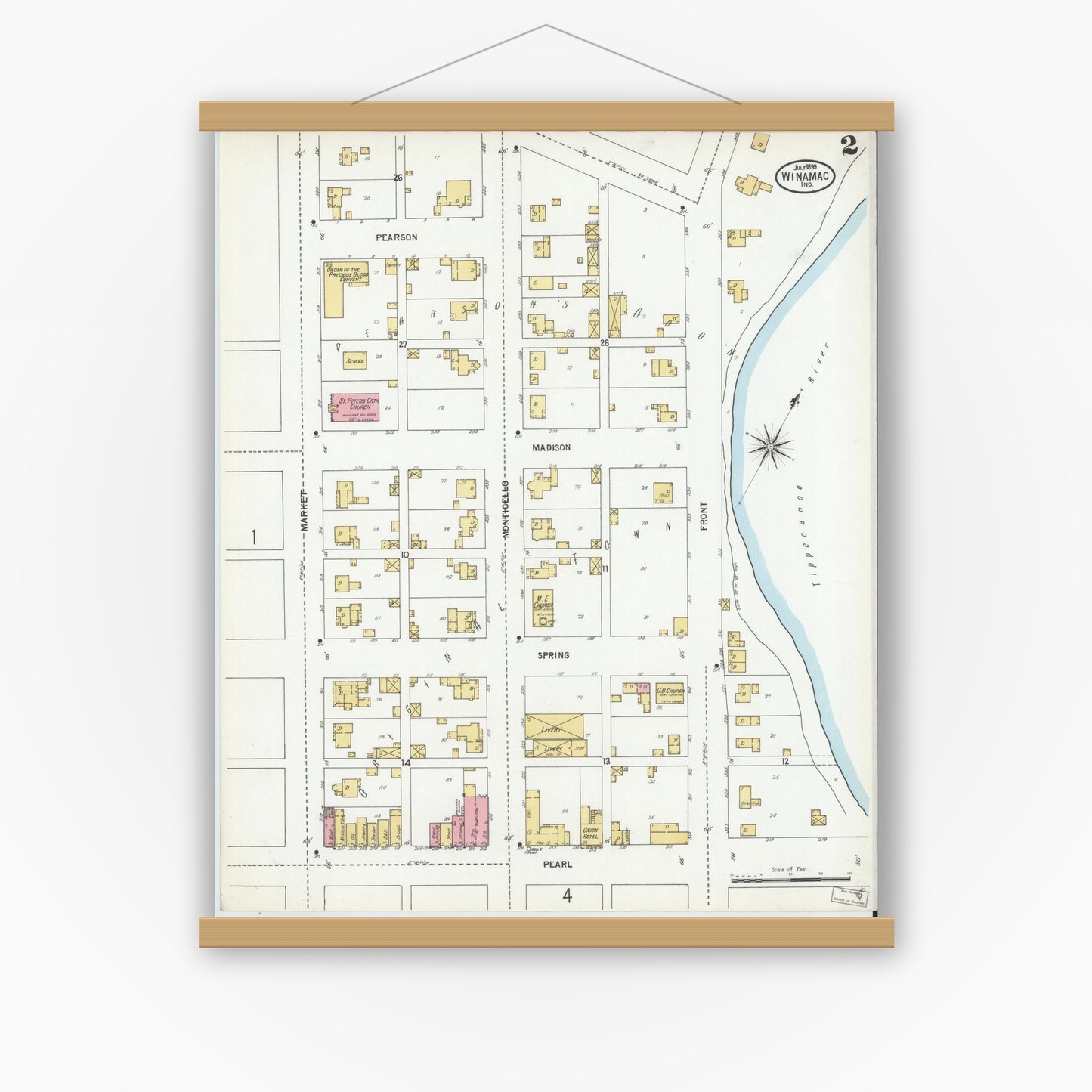 Old map wall art mockup — magnetic wood frame on white wall — Sanborn Fire Insurance Map from Winamac, Pulaski County, Indiana (1899), Sheet #0002