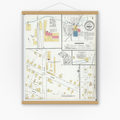 Old map wall art mockup — magnetic wood frame on white wall — Sanborn Fire Insurance Map from Bangor, Van Buren County, Michigan (1918) - Complete Map Set