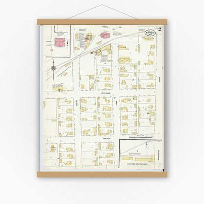 Old map wall art mockup — magnetic wood frame on white wall — Sanborn Fire Insurance Map from Mendon, Mercer County, Ohio (1911), Sheet #0002