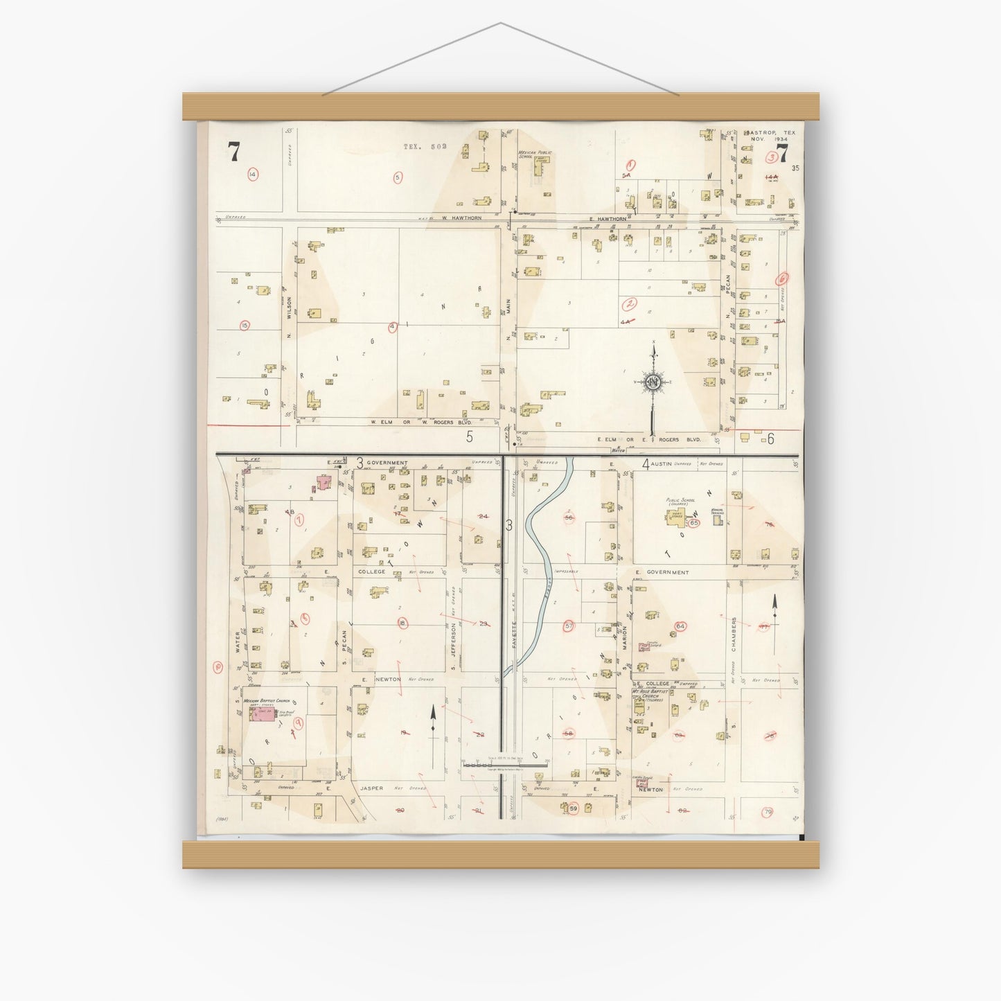 Old map wall art mockup — magnetic wood frame on white wall — Sanborn Fire Insurance Map from Bastrop, Bastrop County, Texas (1944), Sheet #0007