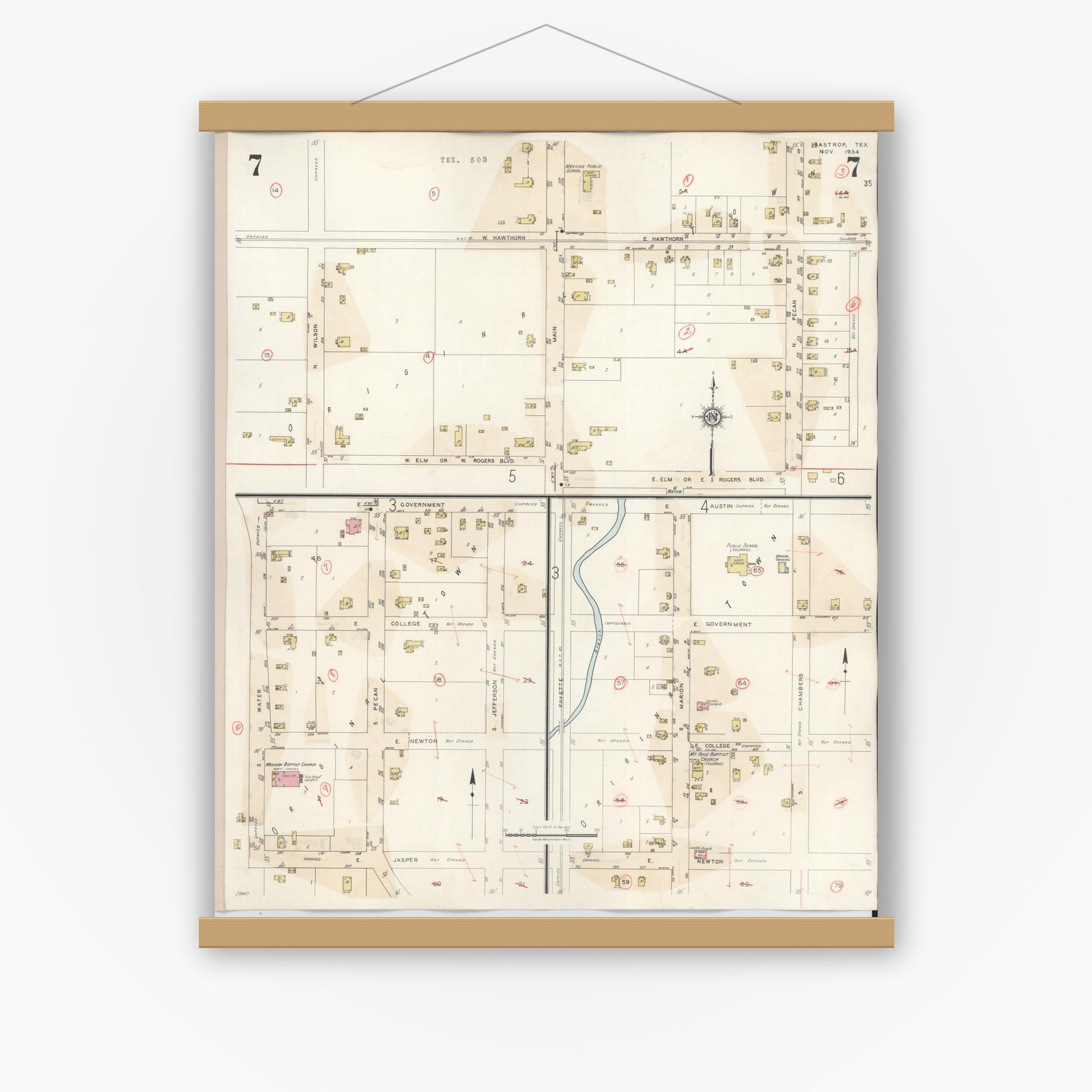 Old map wall art mockup — magnetic wood frame on white wall — Sanborn Fire Insurance Map from Bastrop, Bastrop County, Texas (1944), Sheet #0007