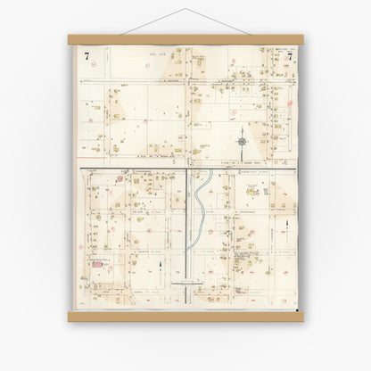 Old map wall art mockup — magnetic wood frame on white wall — Sanborn Fire Insurance Map from Bastrop, Bastrop County, Texas (1944), Sheet #0007