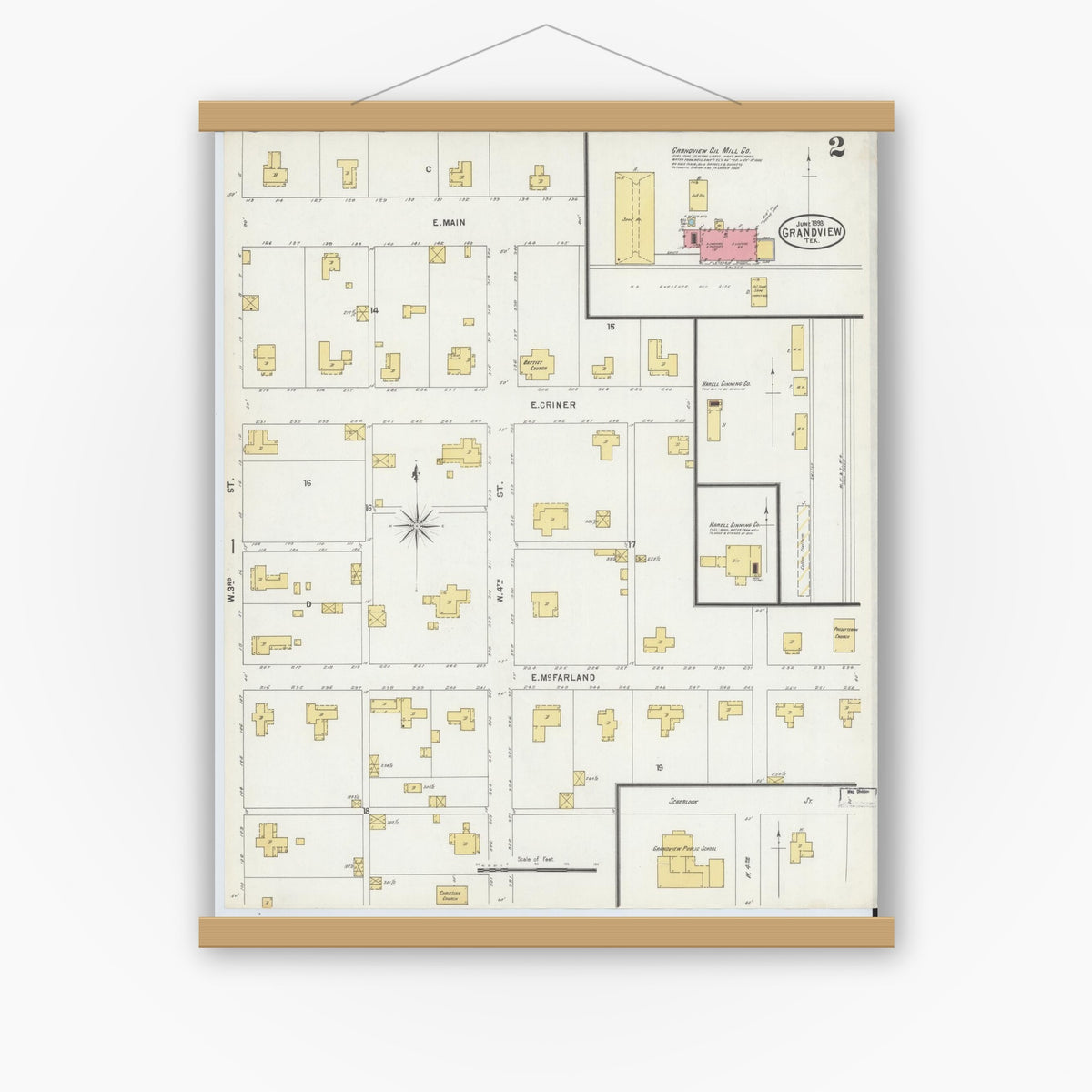 Old map wall art mockup — magnetic wood frame on white wall — Sanborn Fire Insurance Map from Grandview, Johnson County, Texas (1898), Sheet #0002