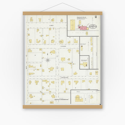 Old map wall art mockup — magnetic wood frame on white wall — Sanborn Fire Insurance Map from Grandview, Johnson County, Texas (1898), Sheet #0002