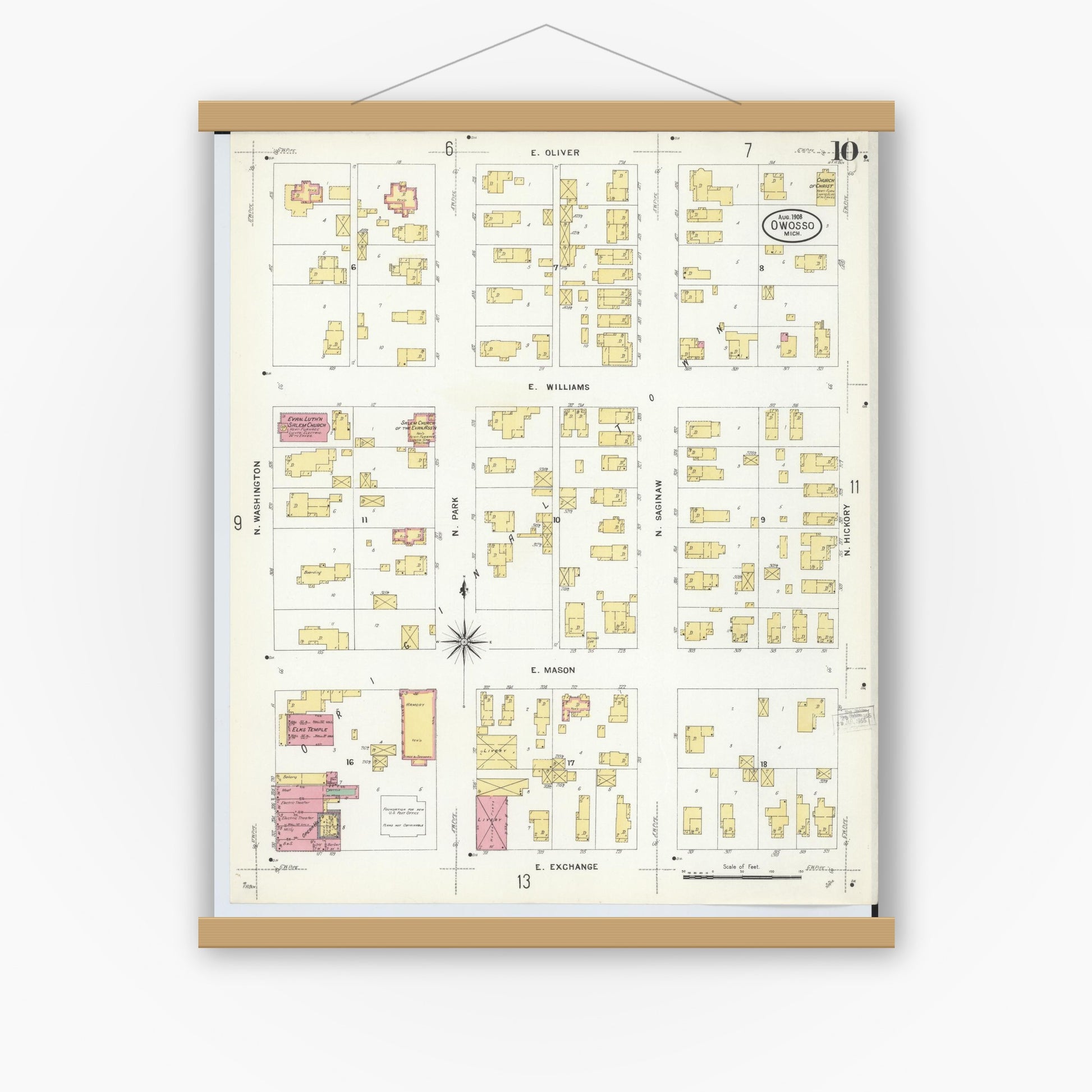 Old map wall art mockup — magnetic wood frame on white wall — Sanborn Fire Insurance Map from Owosso, Shiawassee County, Michigan (1908), Sheet #0010