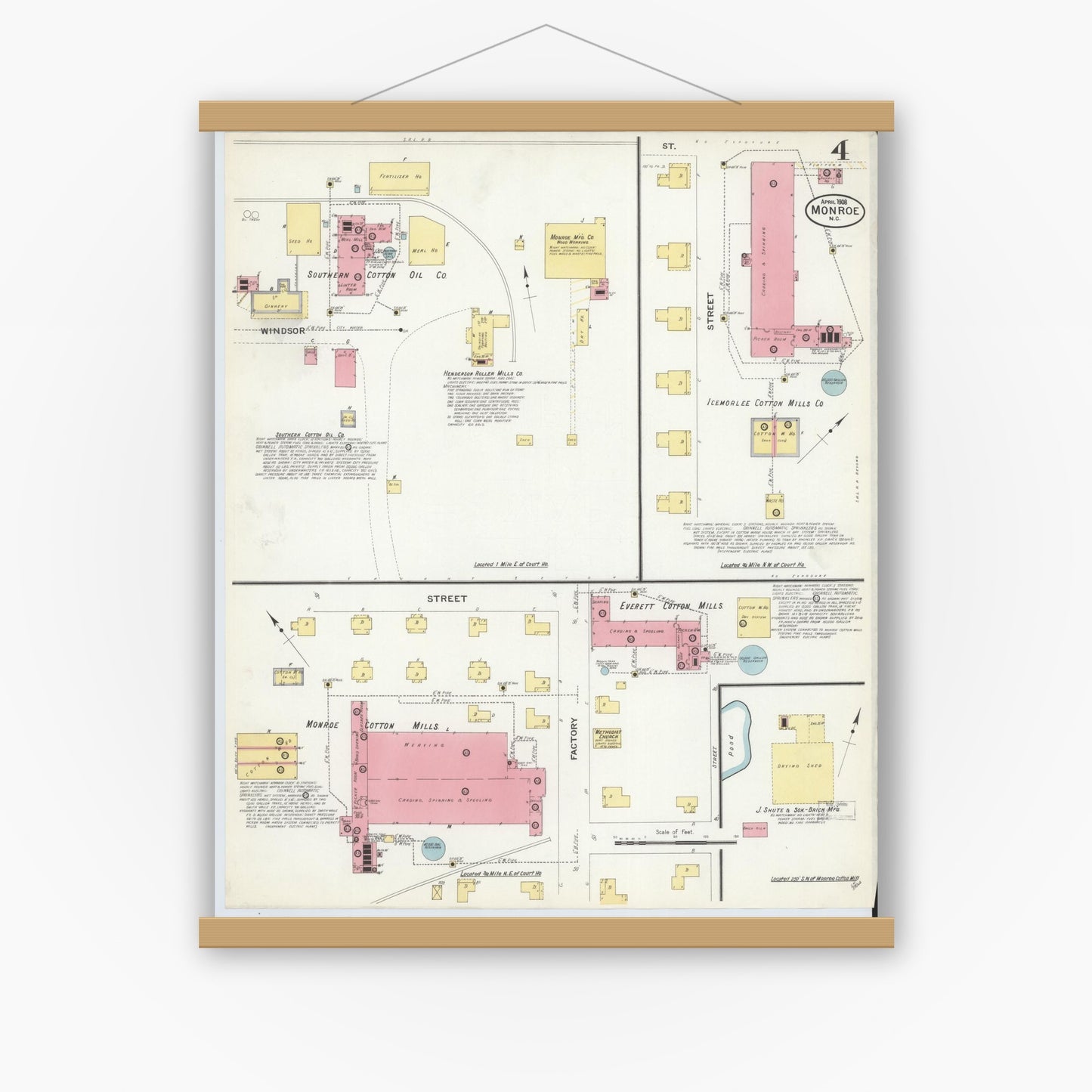 Old map wall art mockup — magnetic wood frame on white wall — Sanborn Fire Insurance Map from Monroe, Union County, North Carolina (1908), Sheet #0004