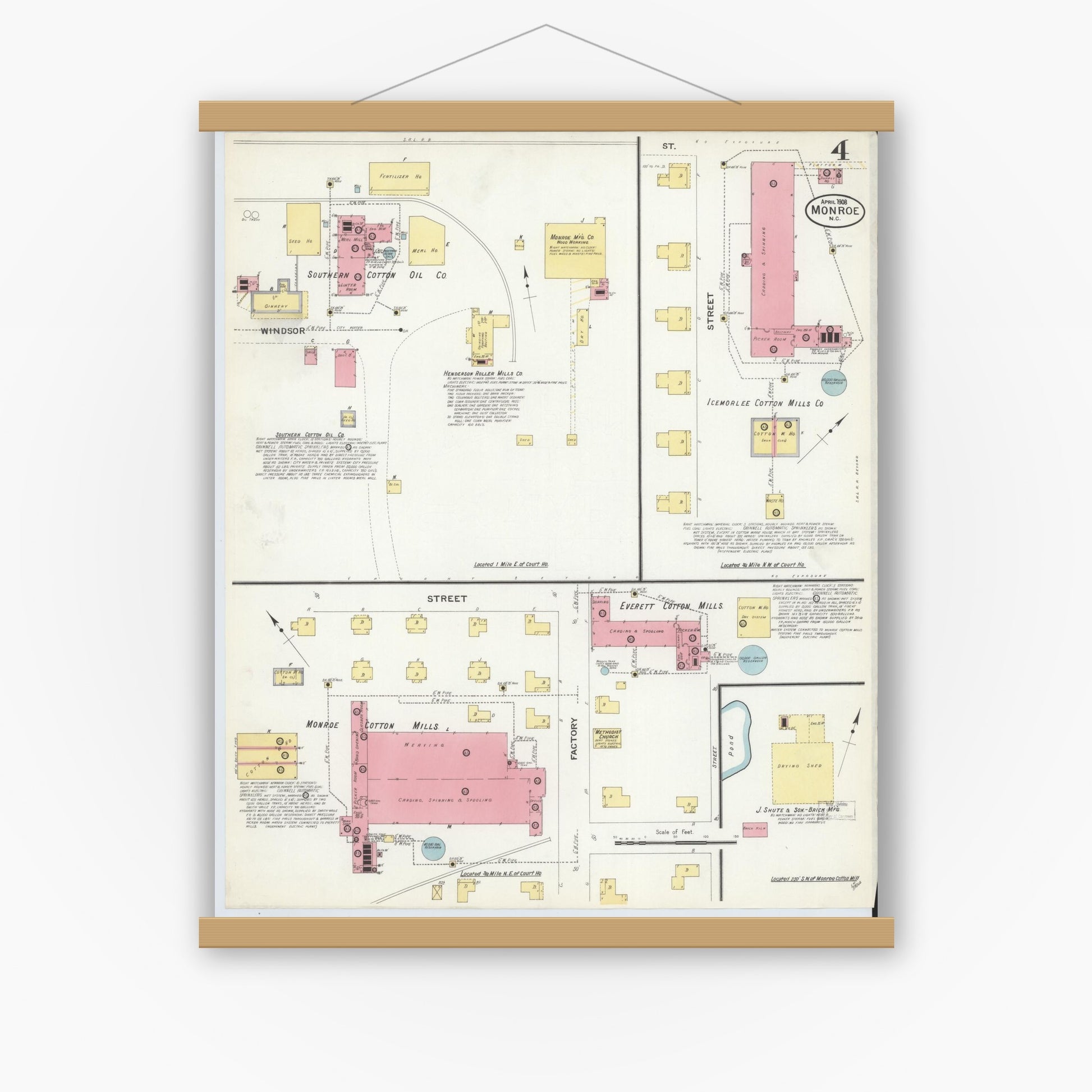 Old map wall art mockup — magnetic wood frame on white wall — Sanborn Fire Insurance Map from Monroe, Union County, North Carolina (1908), Sheet #0004