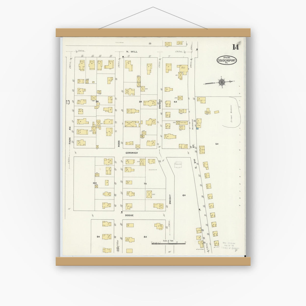 Old map wall art mockup — magnetic wood frame on white wall — Sanborn Fire Insurance Map from Coudersport, Potter County, Pennsylvania (1911), Sheet #0014
